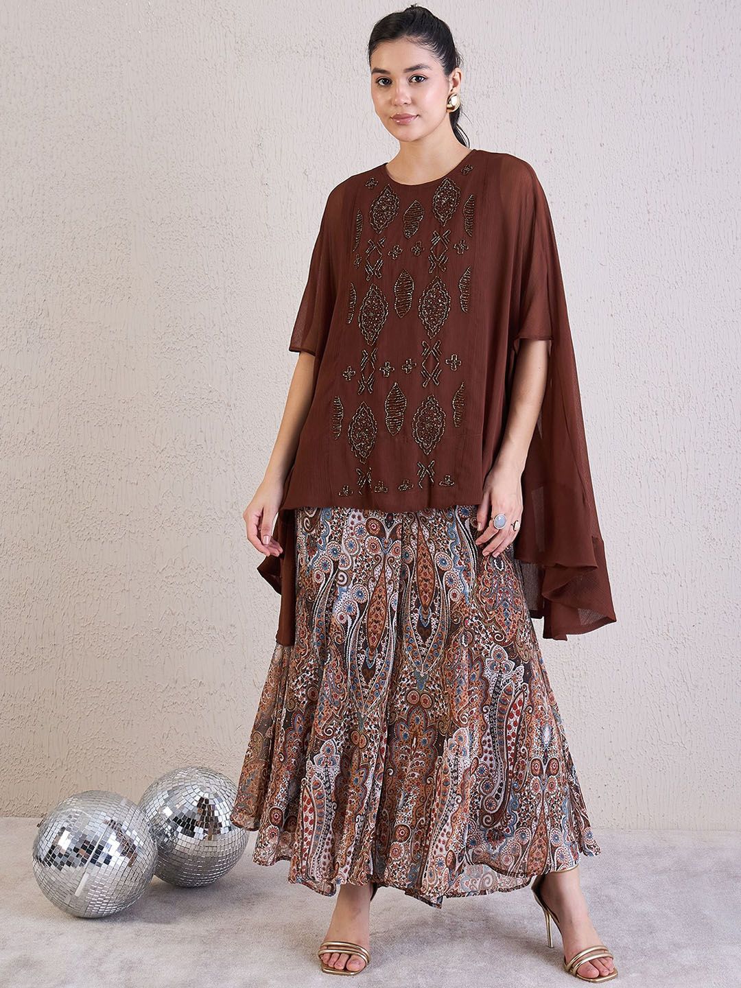Antheaa Brown Embellished Round Neck Short Sleeves Top & Palazzos