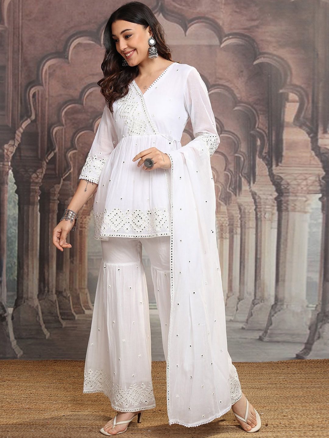 Vishudh White Embroidered Mirror Work Pure Cotton Kurta With Sharara & Dupatta