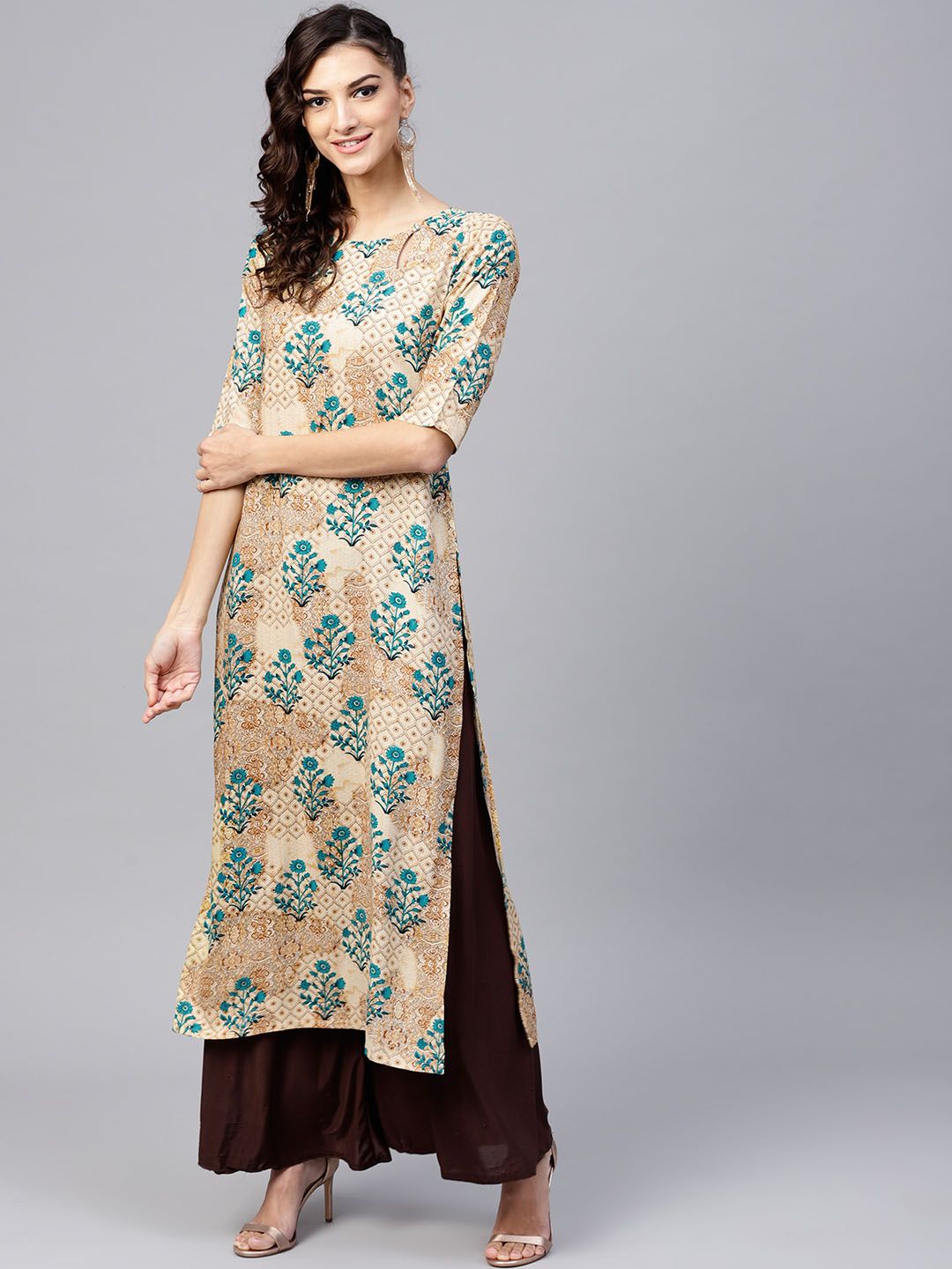 Gerua By Libas Women Beige  Teal Green Printed Straight Kurta