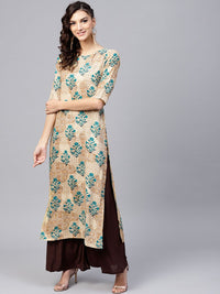 Gerua By Libas Women Beige  Teal Green Printed Straight Kurta
