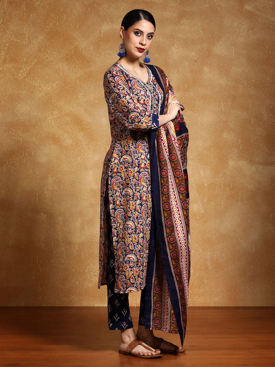 Varanga Floral Printed V-Neck Straight Kurta With Trousers And Dupatta