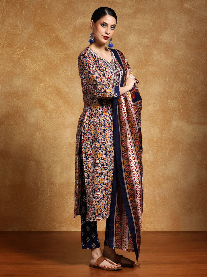 Varanga Floral Printed V-Neck Straight Kurta With Trousers And Dupatta