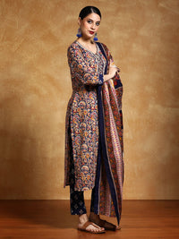 Varanga Floral Printed V-Neck Straight Kurta With Trousers And Dupatta