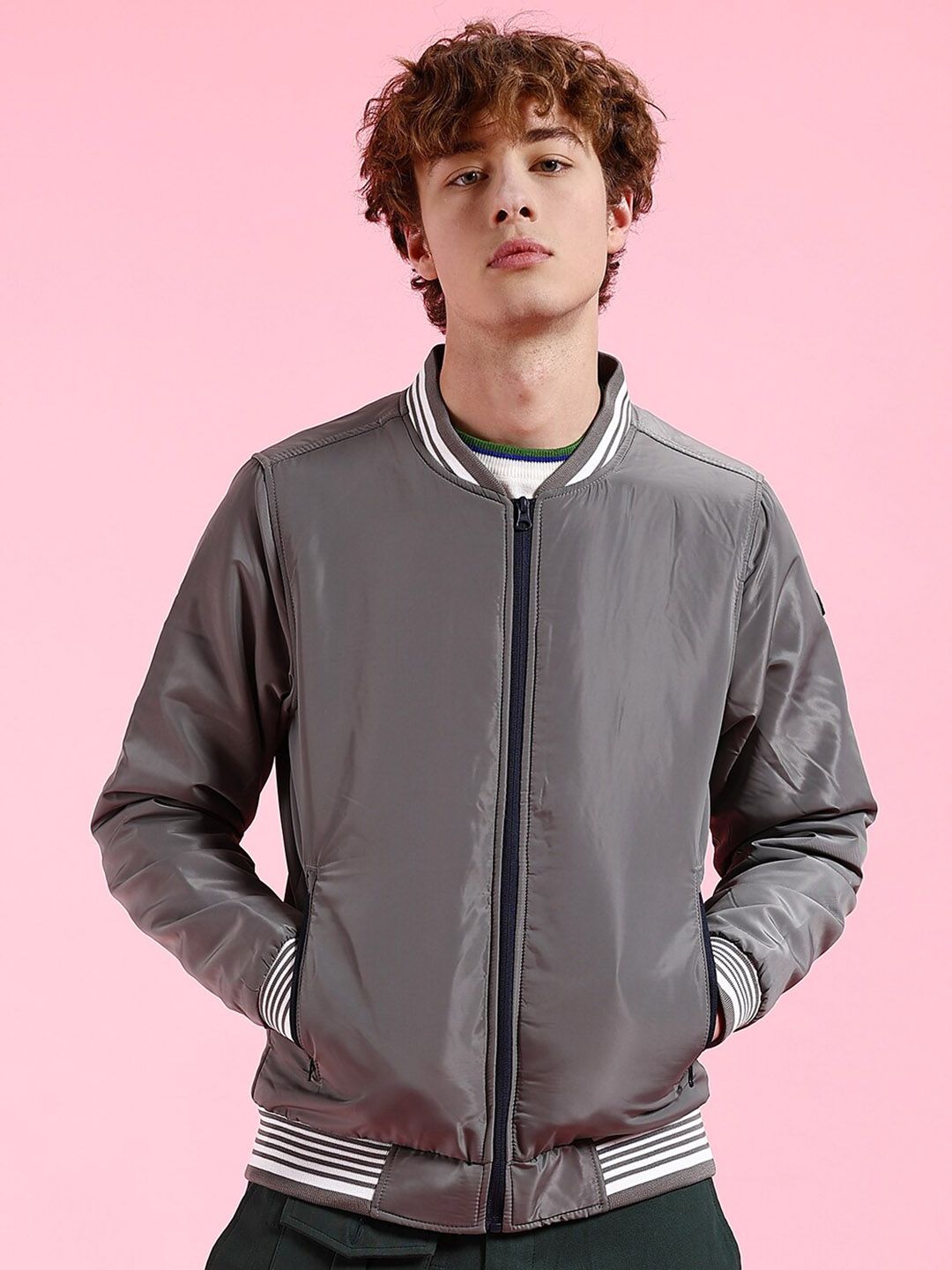 The Indian Garage Co Grey Mock Collar Bomber Jacket