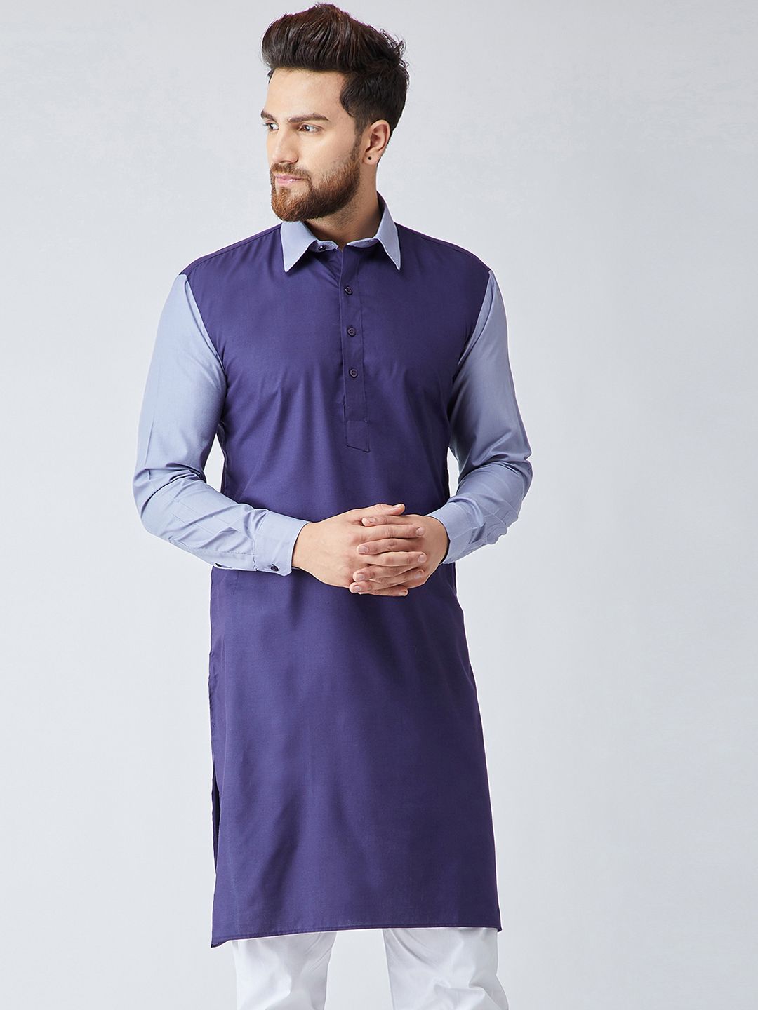 SOJANYA Men Navy Blue Colourblocked Straight Kurta