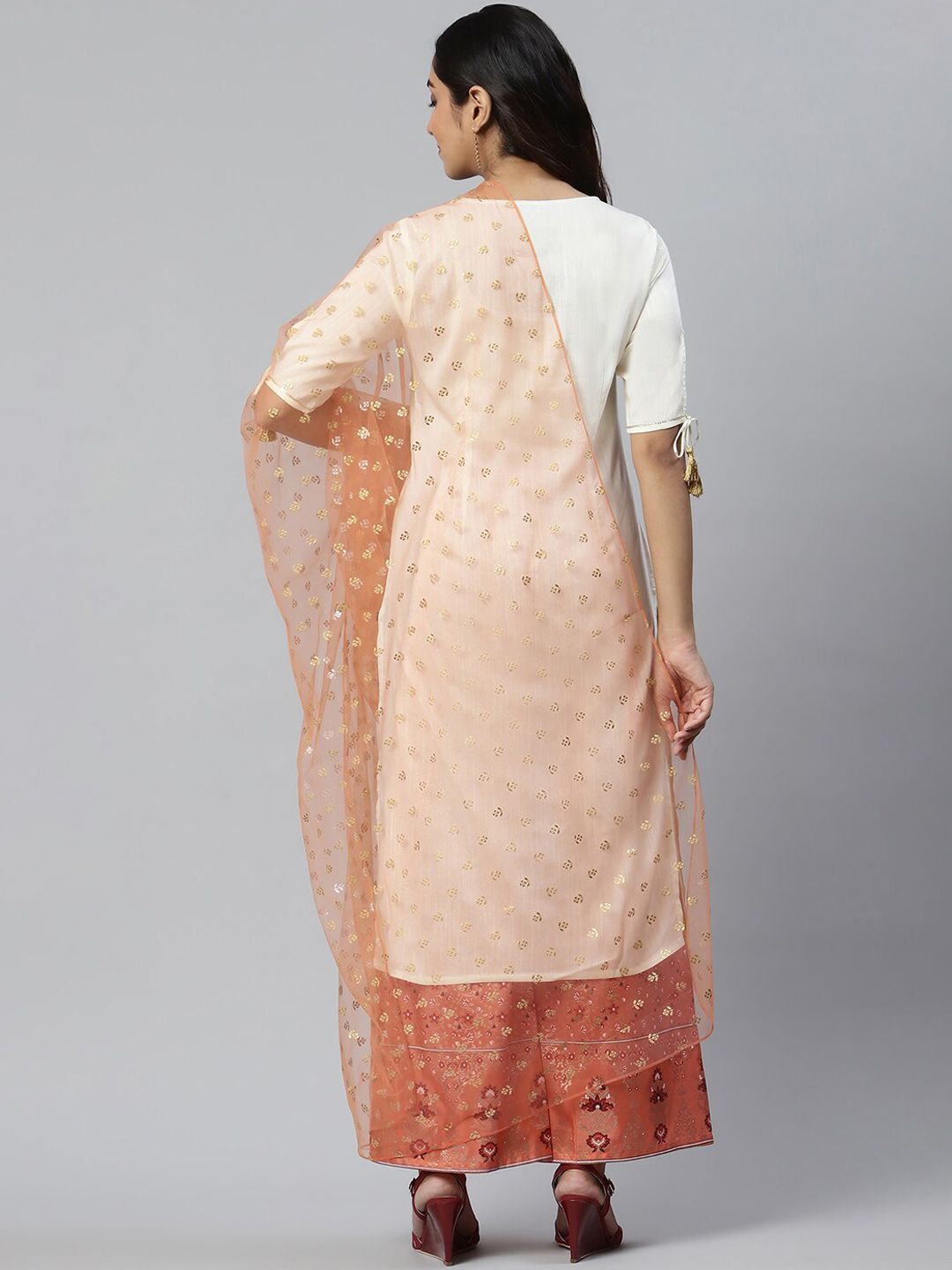 AURELIA Women White Yoke Design Panelled Sequined LIVA Kurti with Palazzos & With Dupatta