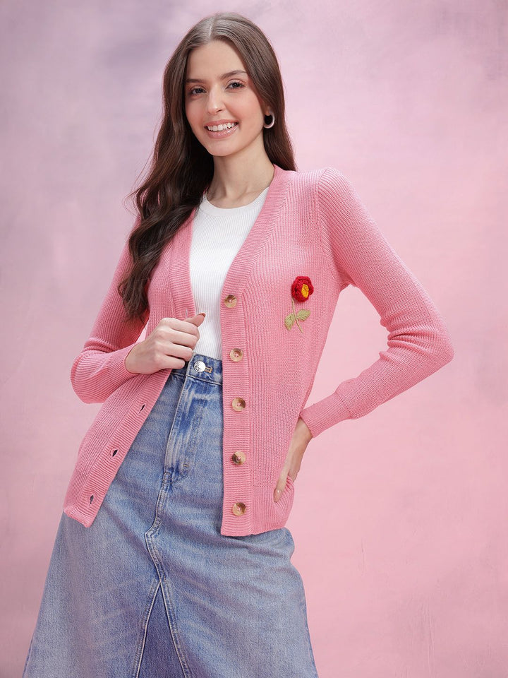 DressBerry Women Ribbed Floral Crochet Acrylic Cardigan