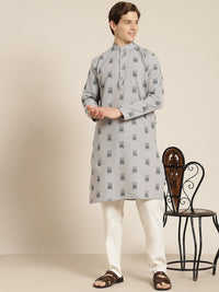 SOJANYA Lelaki Grey & Black Pure Cotton Self Design Kurta