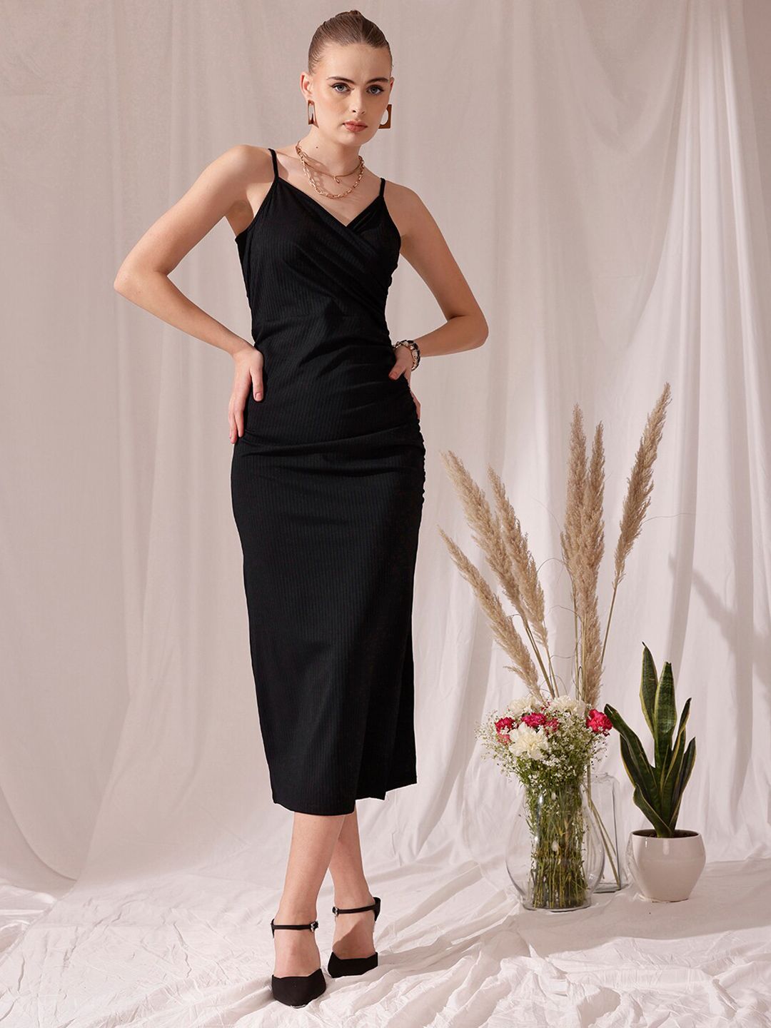 STREET 9 Shoulder Strap V Neck Sheath Midi Dress