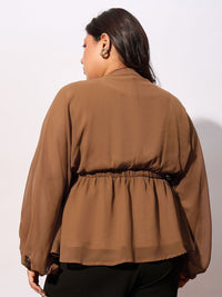 SASSAFRAS Curve Plus Size V-neck Batwing Sleeves Georgette Peplum Top