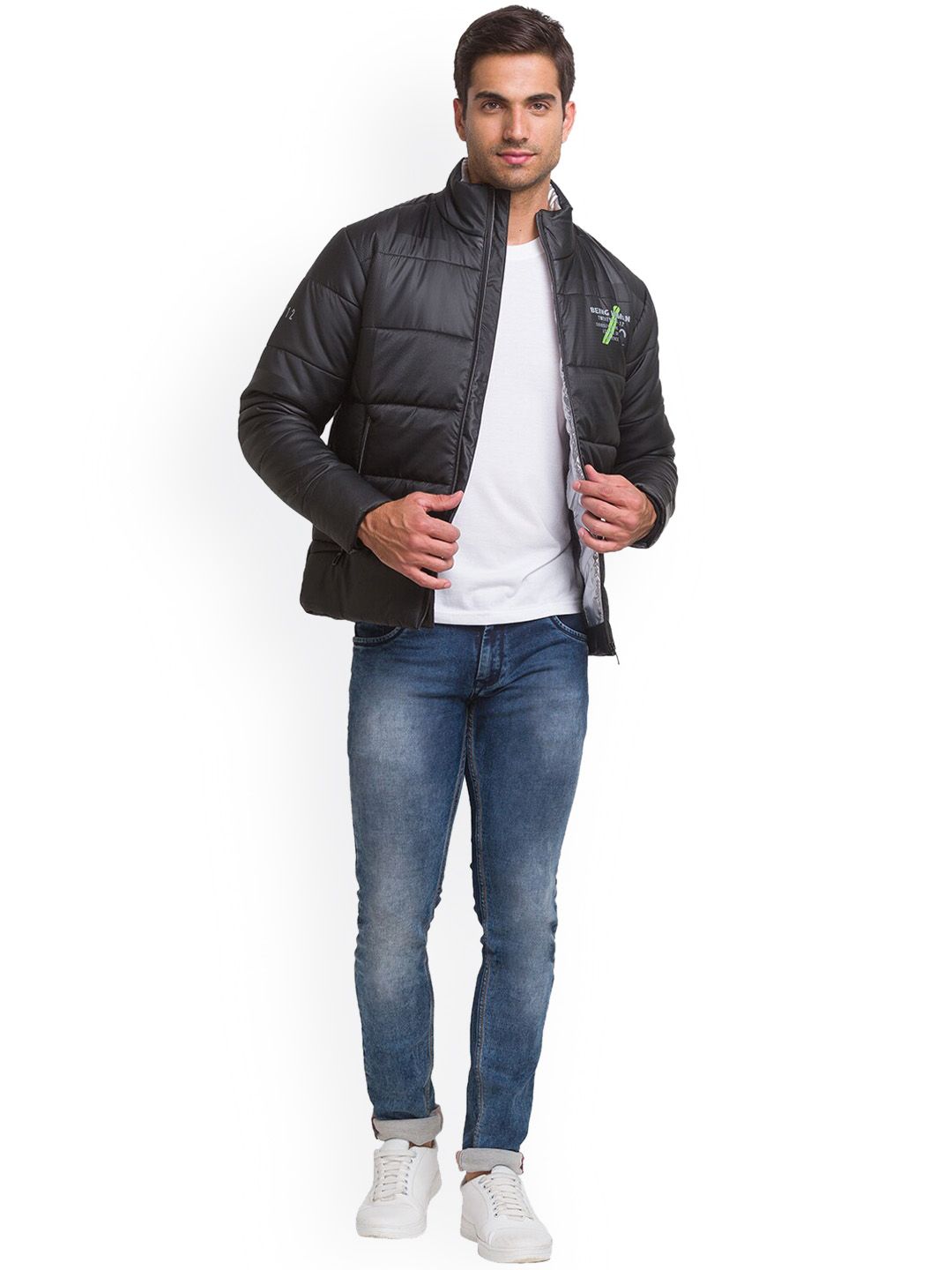 Being Human Men Black Padded Jacket with Patchwork