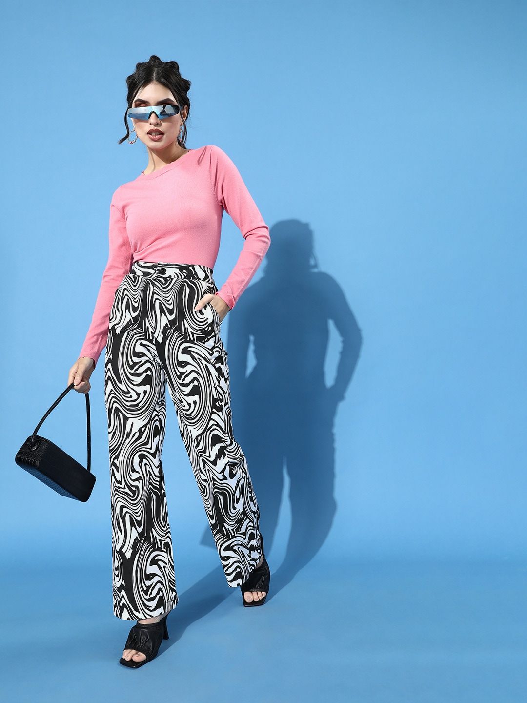 STREET 9 Women Classic White Printed Mid-Rise Trousers