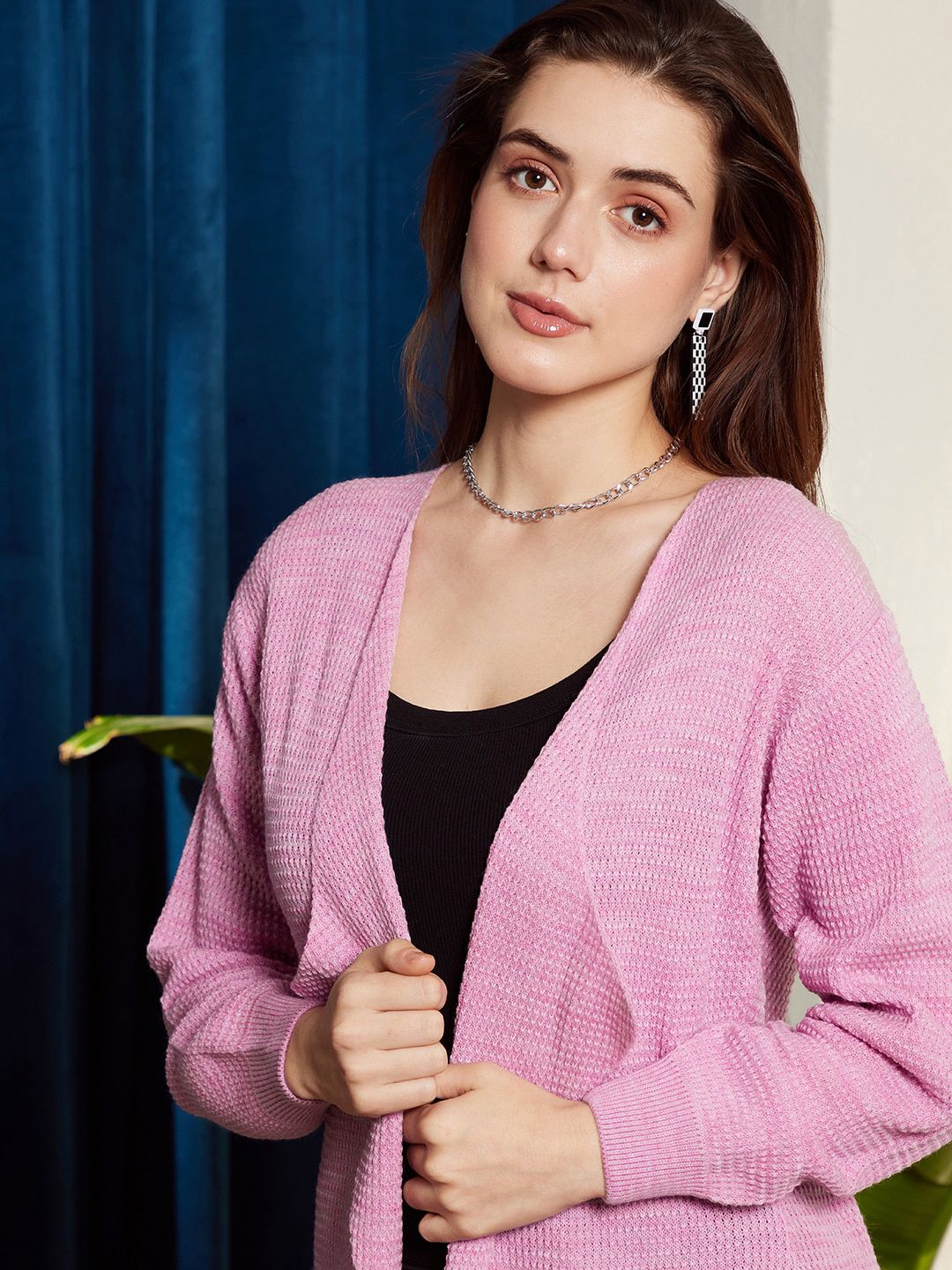 Berrylush Purple Ribbed Longline Front Open Sweater