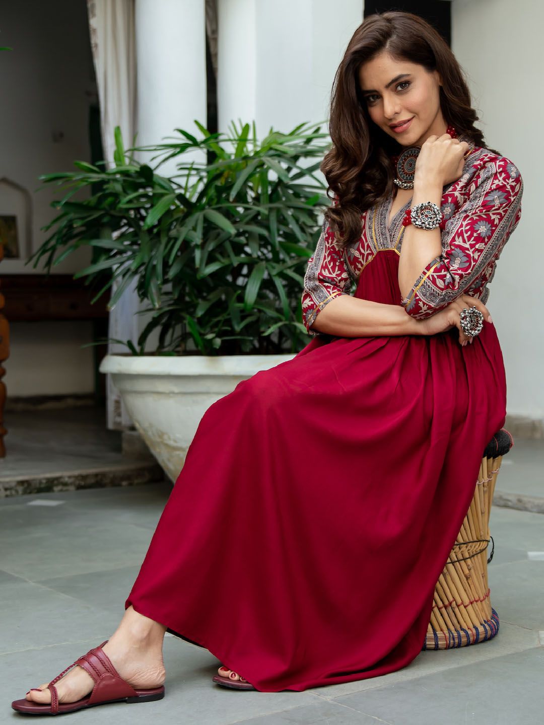 Rustorange Women Maroon & Grey Printed A-Line Dress
