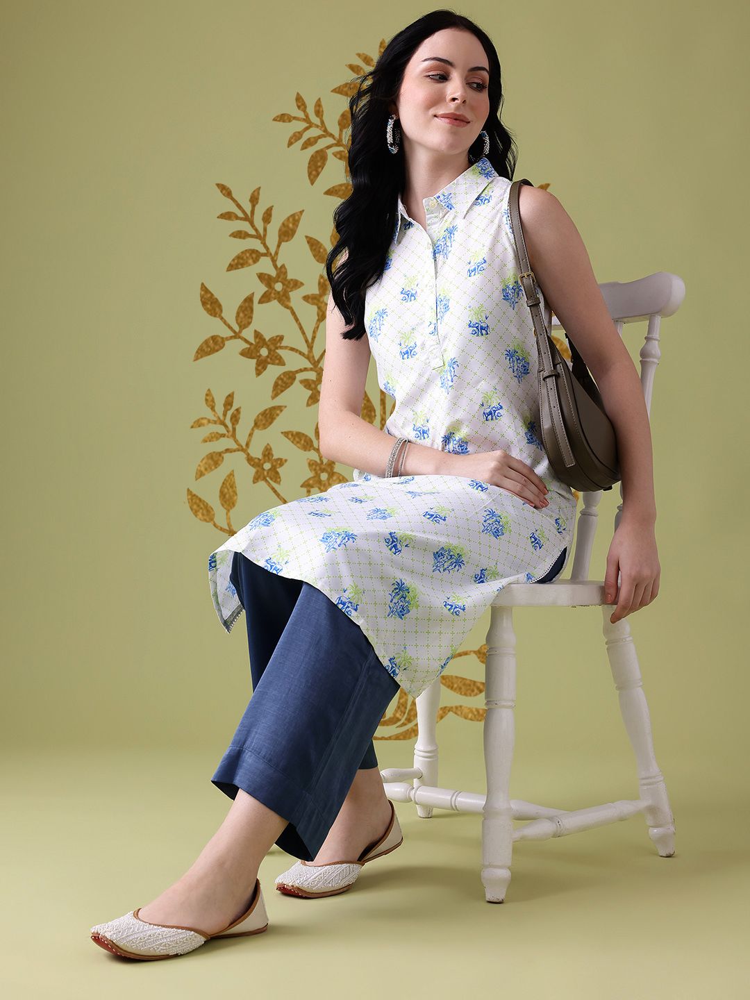 Anouk Conversational Printed Lace Insert Detail Shirt Collar Calf-Length Straight Kurta