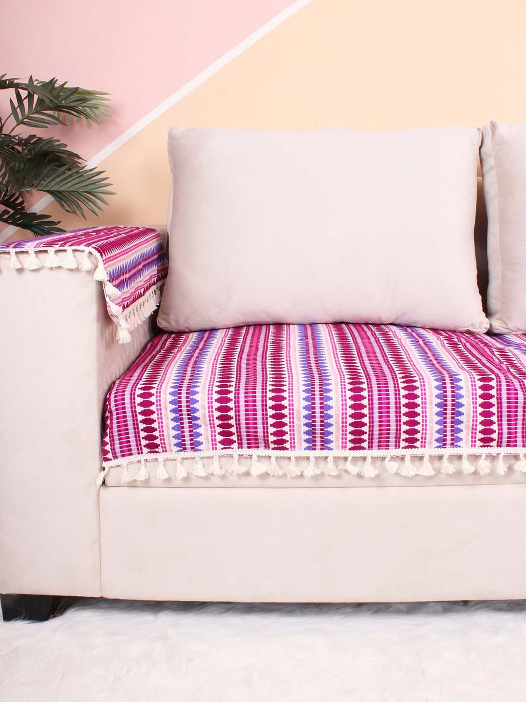 STITCHNEST Purple & Pink Self Design Jacquard 3-Seater Sofa Cover