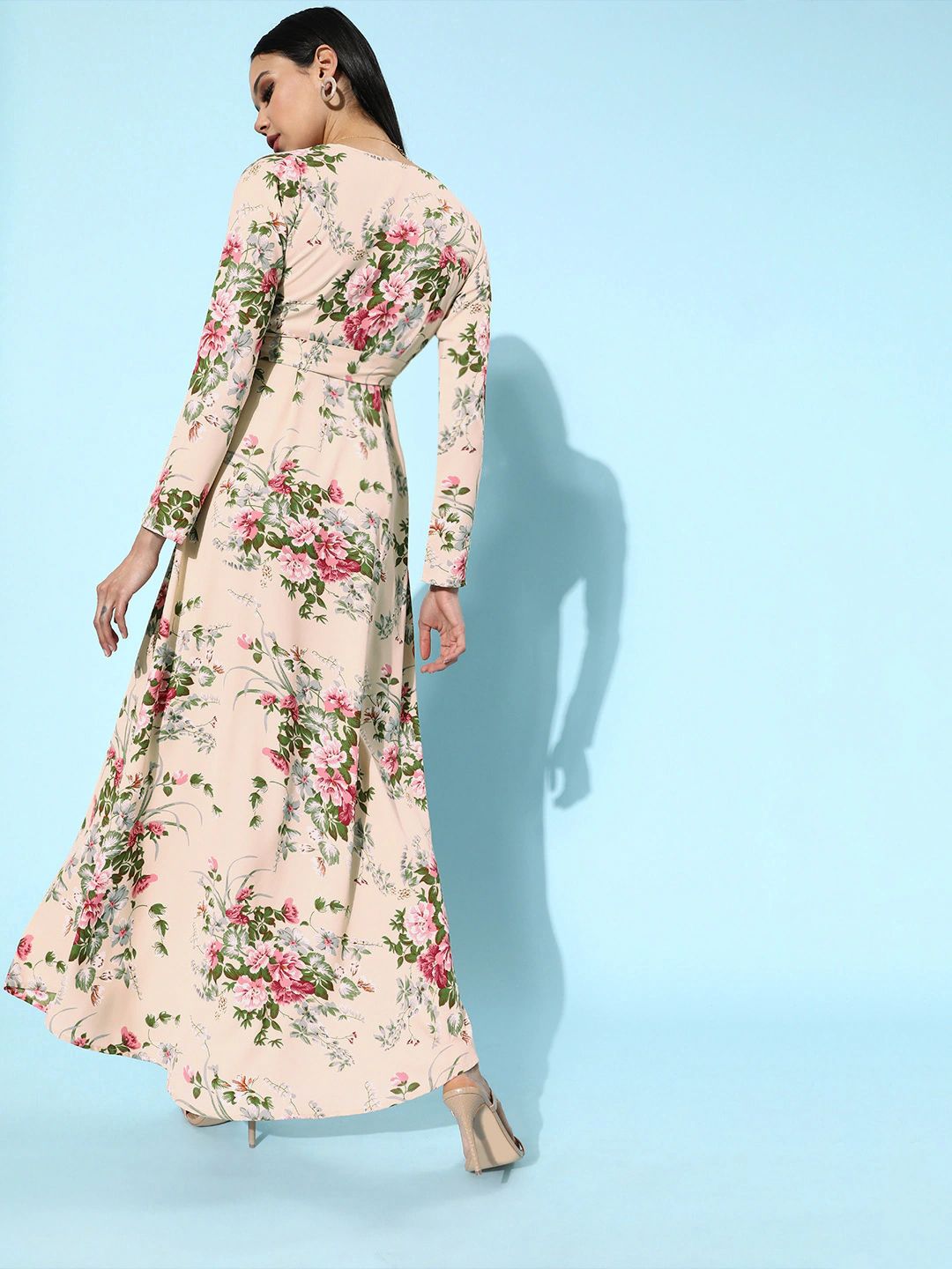 Berrylush Beige Floral Print Wrap Style Maxi Dress