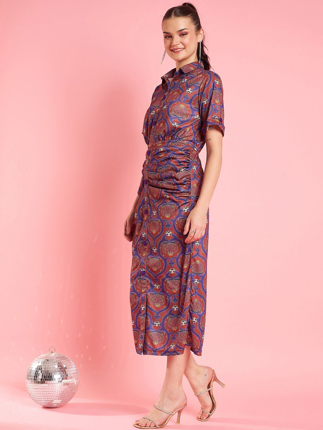 Antheaa Rust Printed Shirt Midi Dress