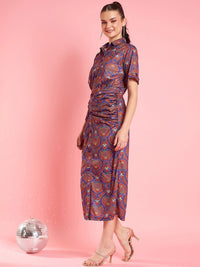 Antheaa Rust Printed Shirt Midi Dress