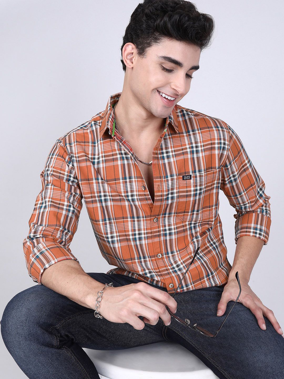 The Indian Garage Co Men Orange & Teal Blue Slim Fit Checked Casual Shirt