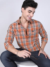 The Indian Garage Co Men Orange & Teal Blue Slim Fit Checked Casual Shirt