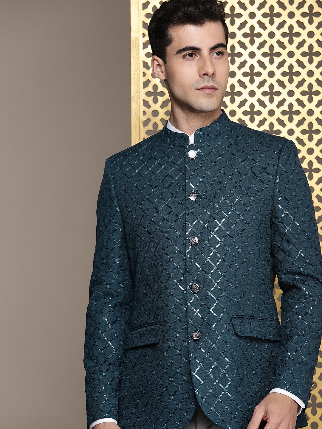 House of Pataudi Jashn Mandarin Collar Textured Sequinned Bandhgala Blazer