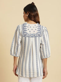 W White Geometric Printed V-Neck Cotton A-Line Longline Top