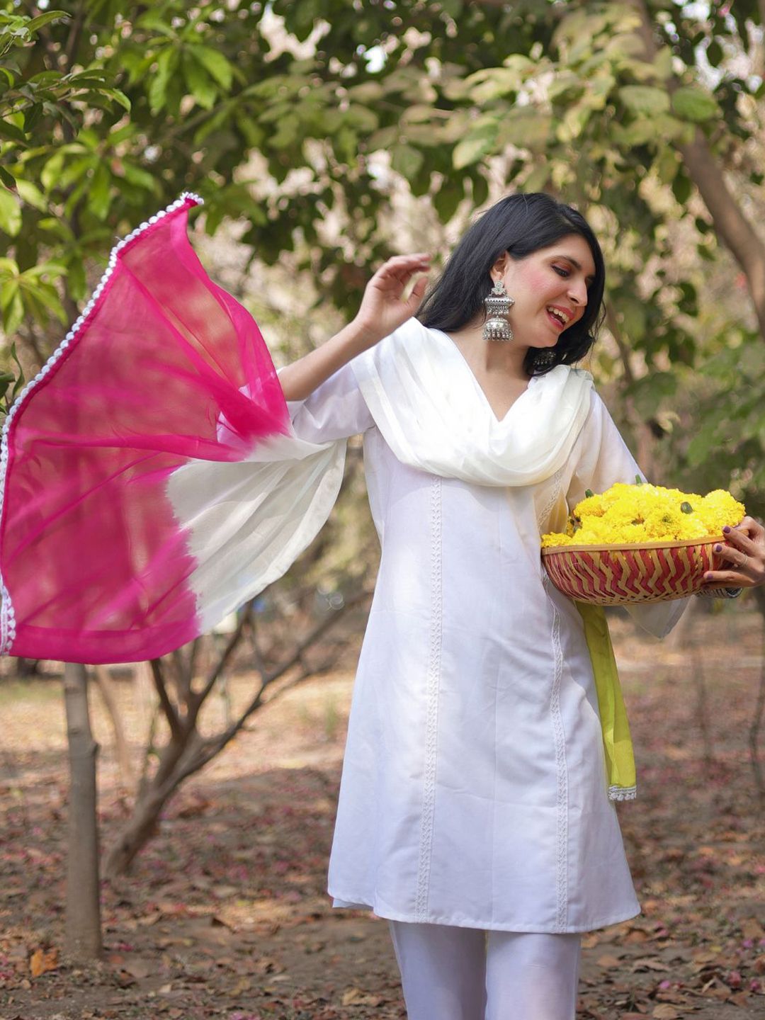 Kalini Women Rayon Embroidery A Line Kurta & Trousers With Tie & Dye Dupatta Set