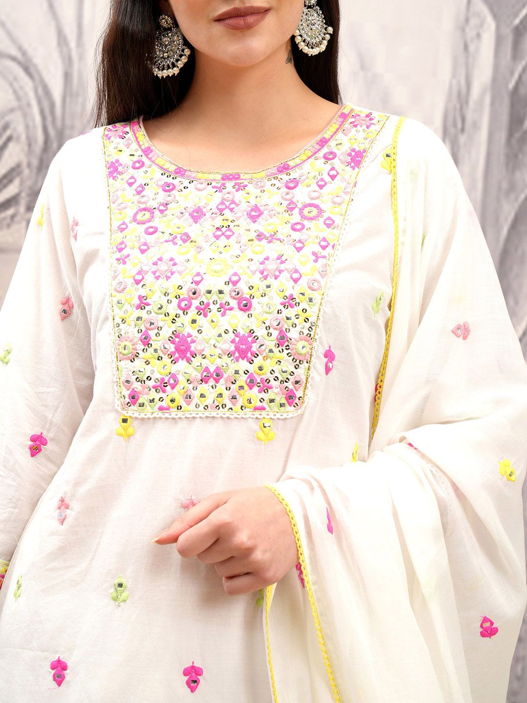 Vishudh Floral Printed Thread Work Pure Cotton Straight Kurta & Trousers With Dupatta