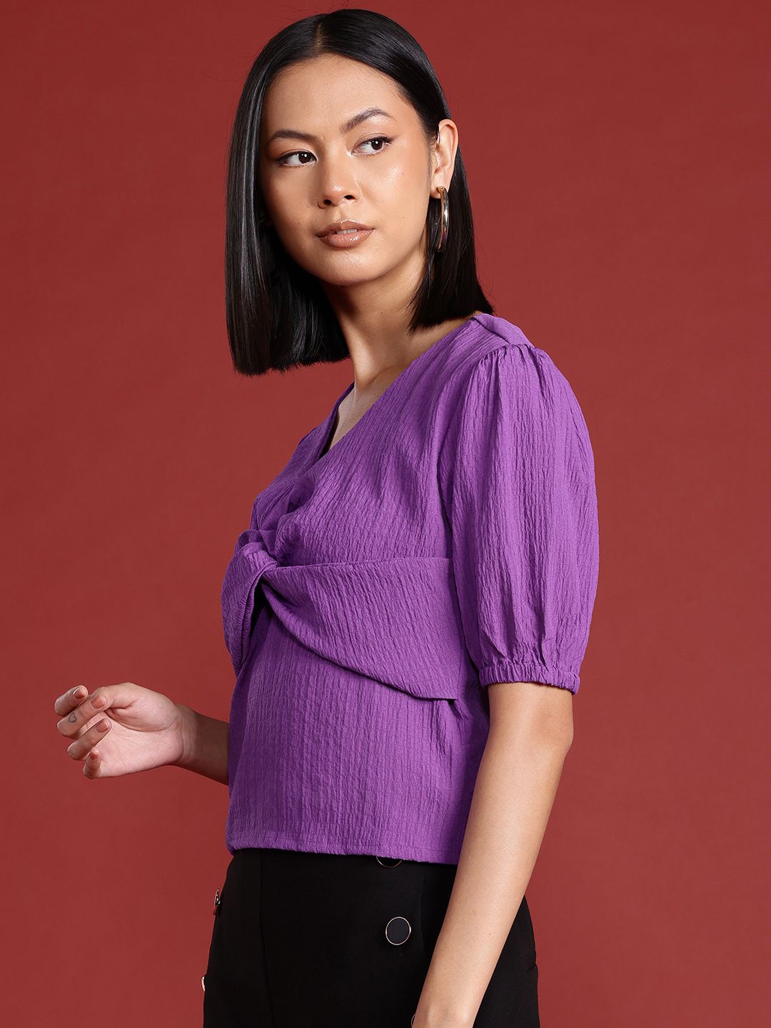 all about you Puff Sleeves Textured Twisted Top