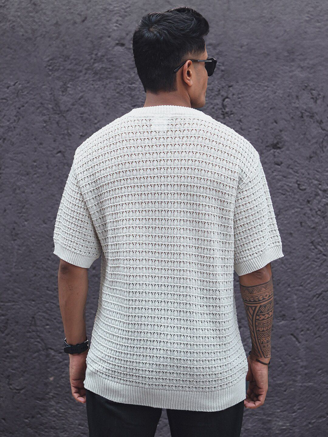 Powerlook Crochet Knit Oversized Half Sleeves T Shirt
