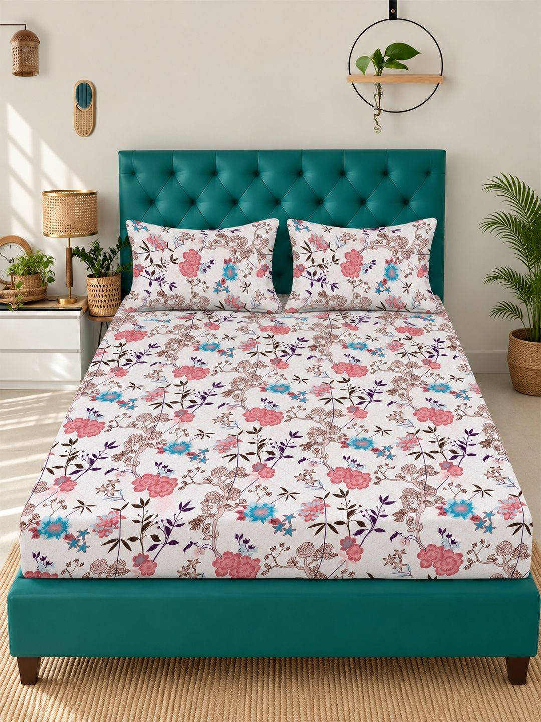 Myntra Elegant Homes White & Pink Floral 300 TC King Bedsheet with 2 Pillow Covers