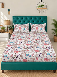 Myntra Elegant Homes White & Pink Floral 300 TC King Bedsheet with 2 Pillow Covers
