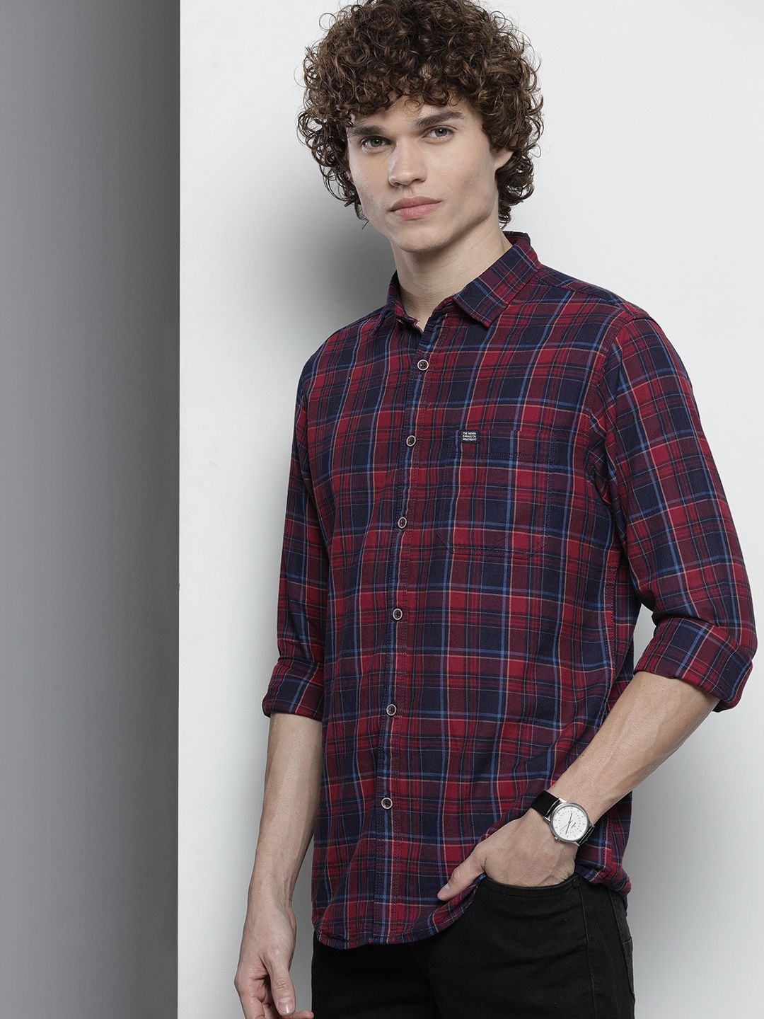 The Indian Garage Co Men Maroon Tartan Checked Casual Shirt