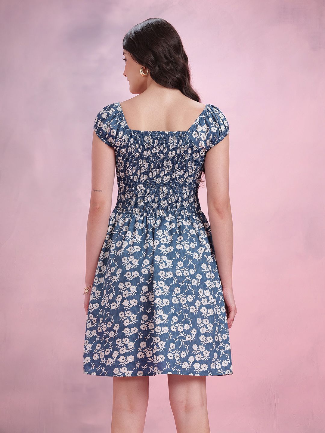 DressBerry Floral Print Smocked A-Line Dress