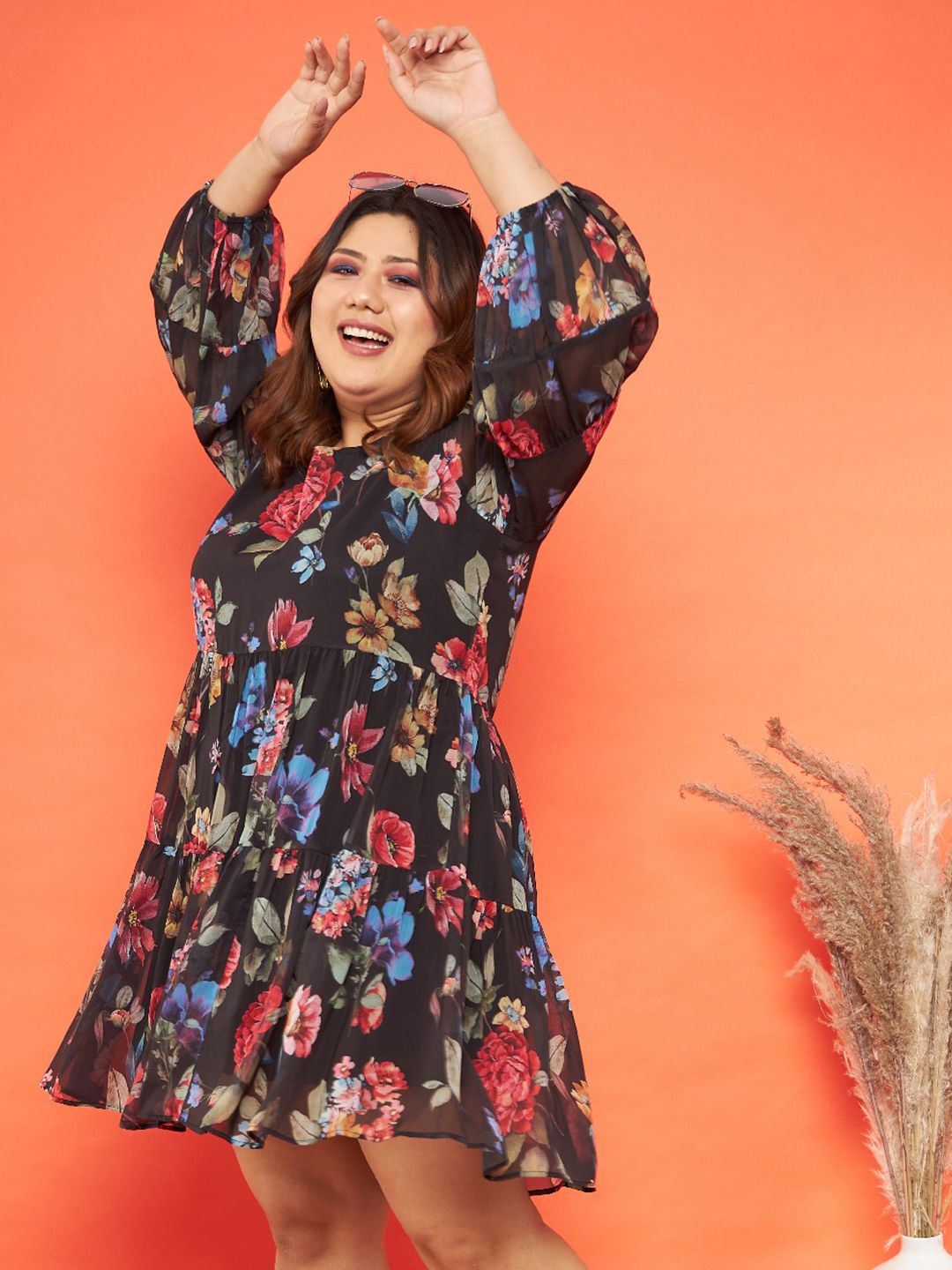 SASSAFRAS Curve Floral Printed Tiered Chiffon Dress