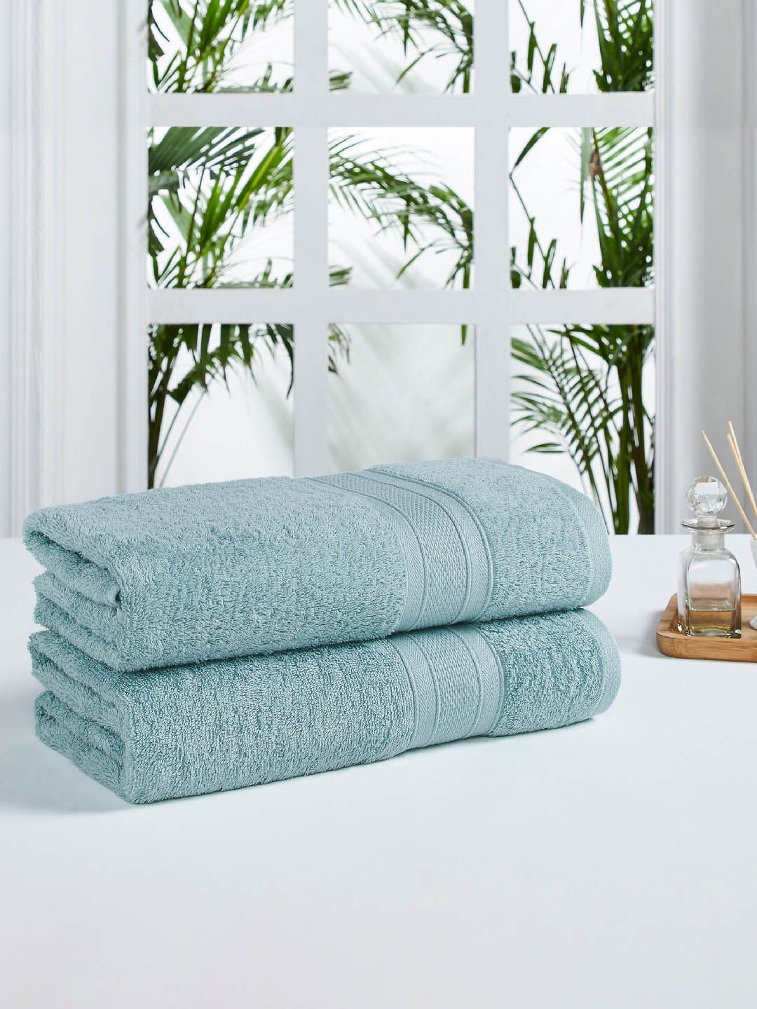 MYTRIDENT Set of 2 Turquoise Blue Solid Soft  Plush 500 GSM Cotton Bath Towels