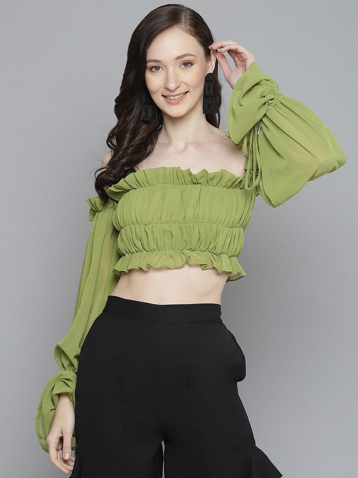 SASSAFRAS Green Halter Neck Georgette Blouson Crop Top