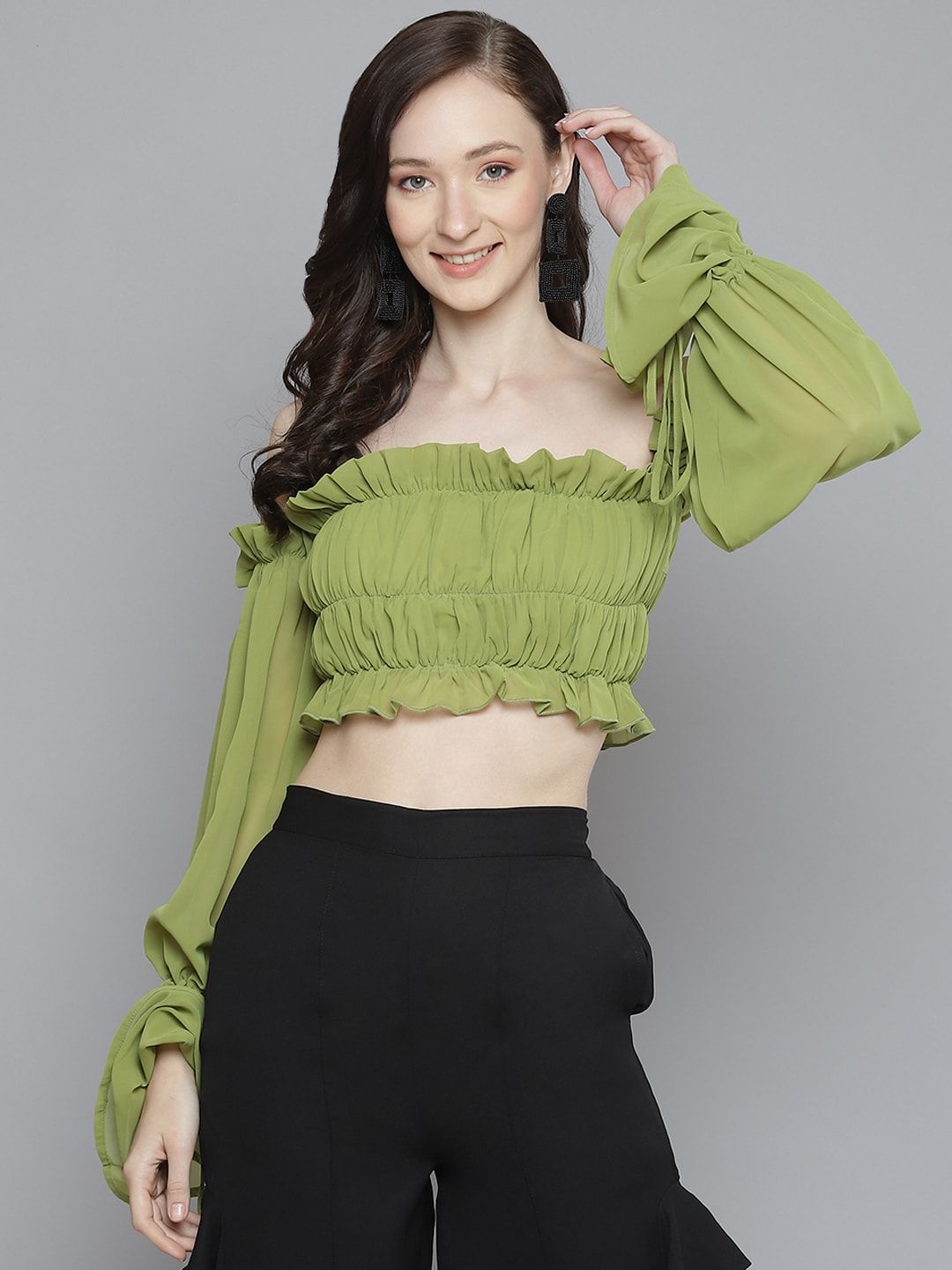SASSAFRAS Green Halter Neck Georgette Blouson Crop Top