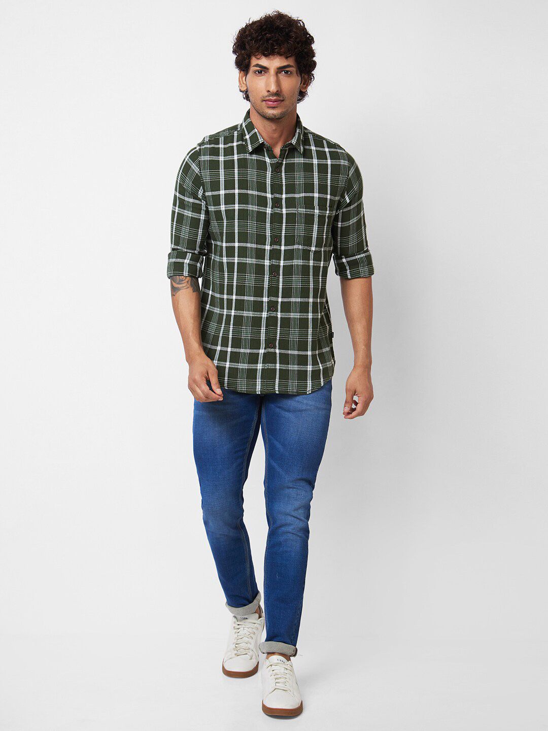 SPYKAR Spread Collar Long Sleeves Tartan Checks Cotton Casual Shirt