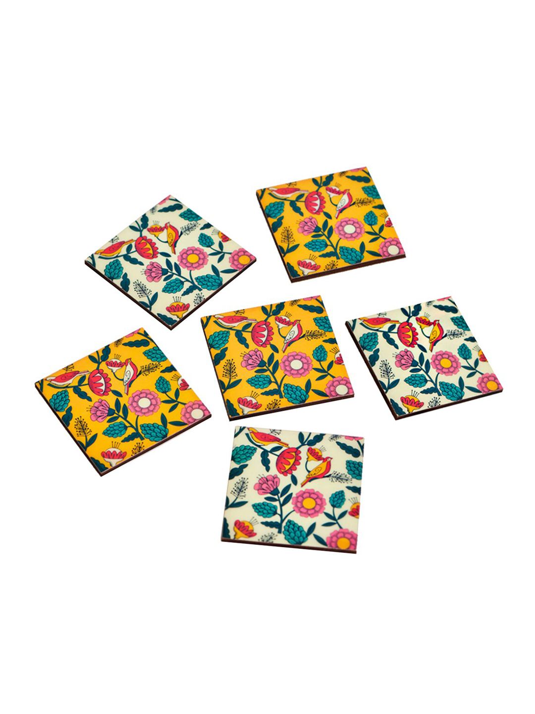 Chumbak Set of 6 Yellow & Pink Printed Coasters