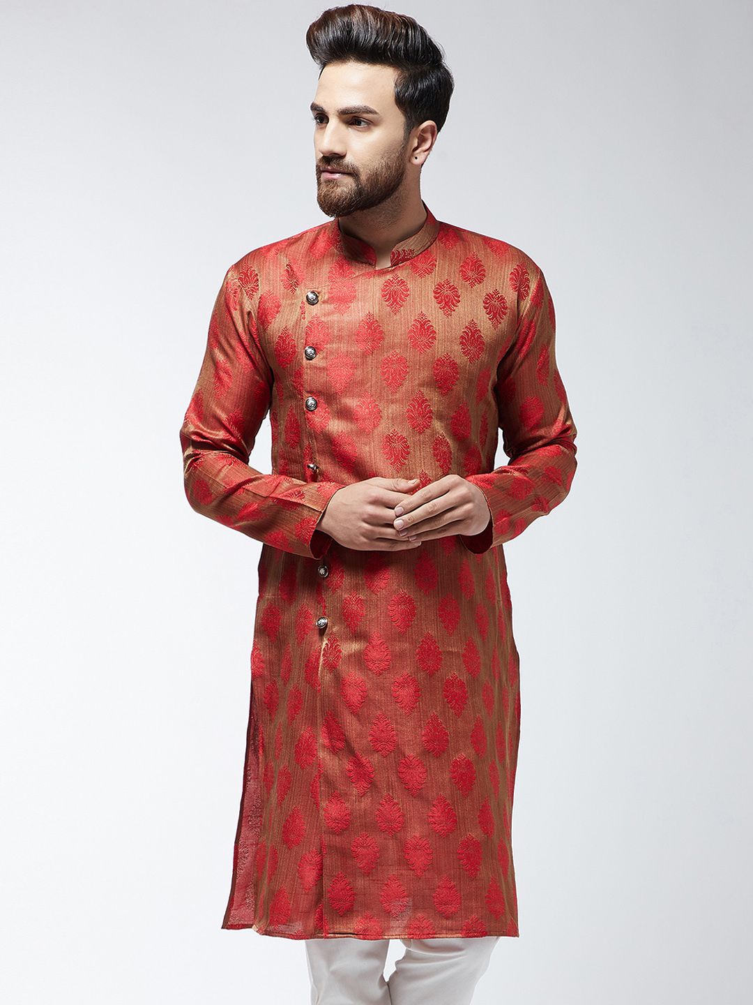 SOJANYA Kurta Lurus Bersulam Merah & Beige Lelaki