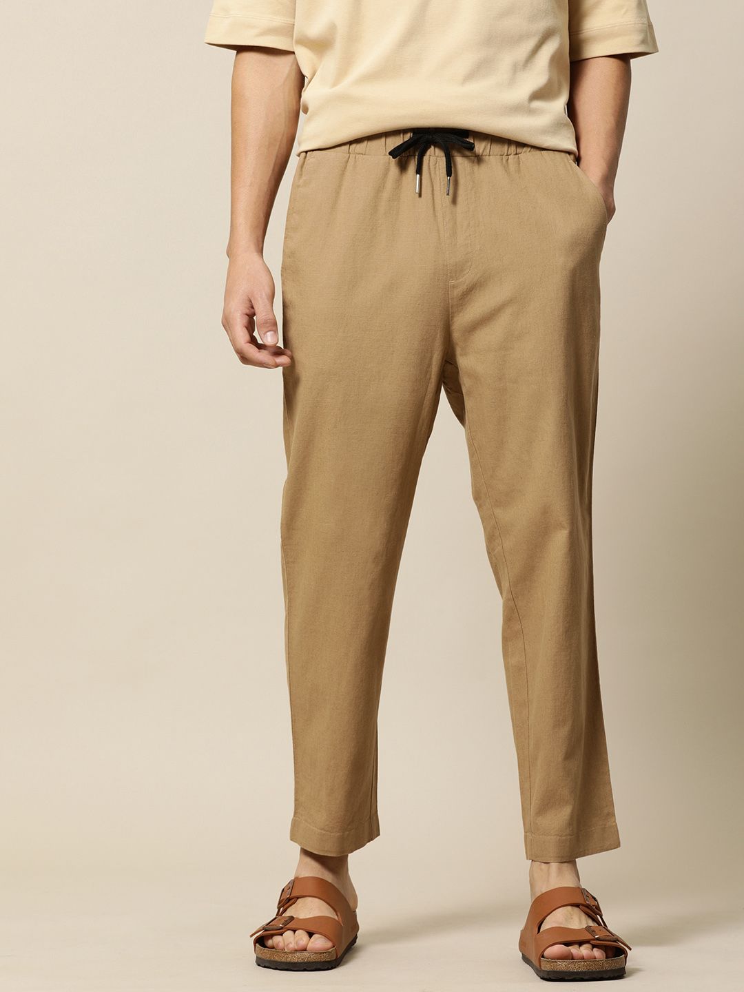 Mr Bowerbird Men Khaki Liberal Fit Cotton Linen Trousers