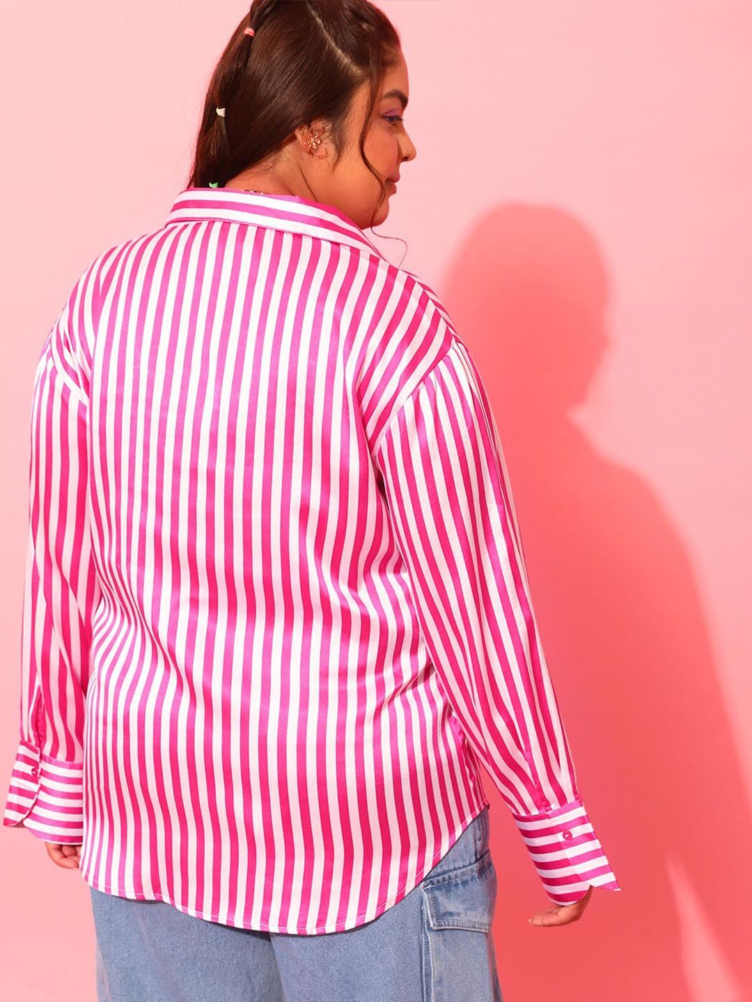 CURVY STREET Plus Size Pink & White Classic Vertical Striped Satin Shirt