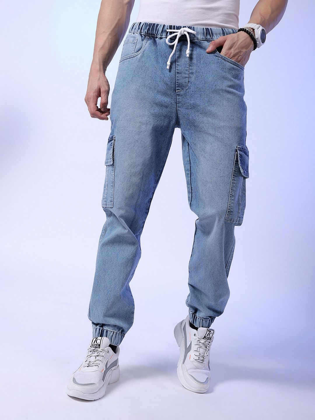 The Indian Garage Co Men Clean Look Light Fade Stretchable Cargo Denim Joggers