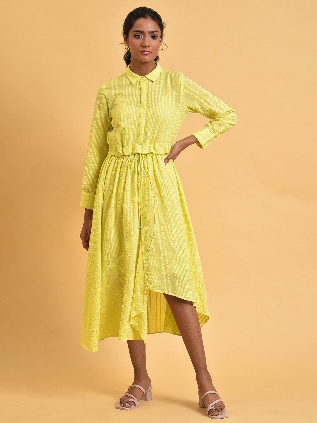 W Cuffed Sleeve Shirt Midi Cotton Dress