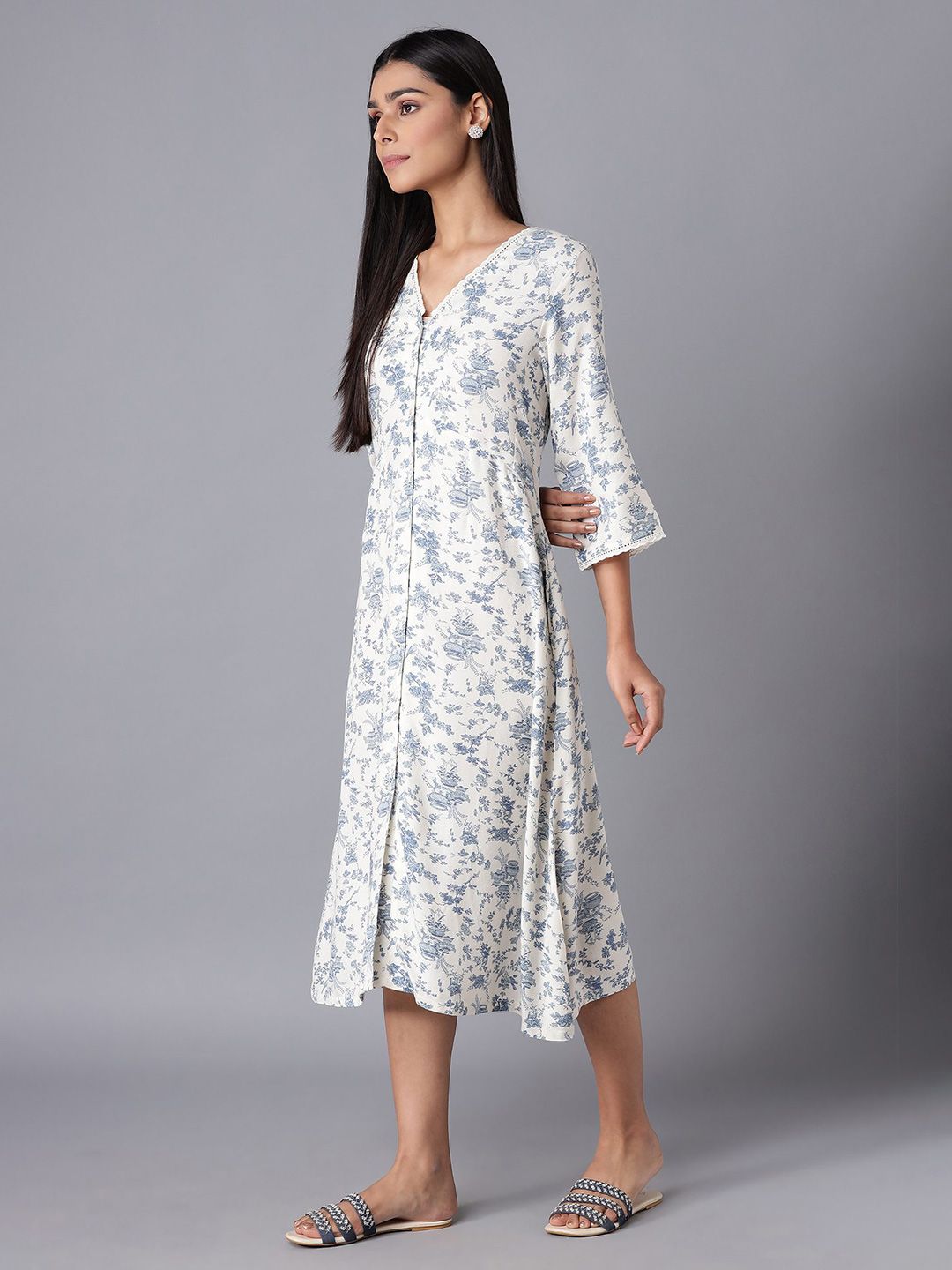 W Women White & Blue Floral A-Line Midi Dress