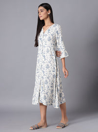 W Women White & Blue Floral A-Line Midi Dress