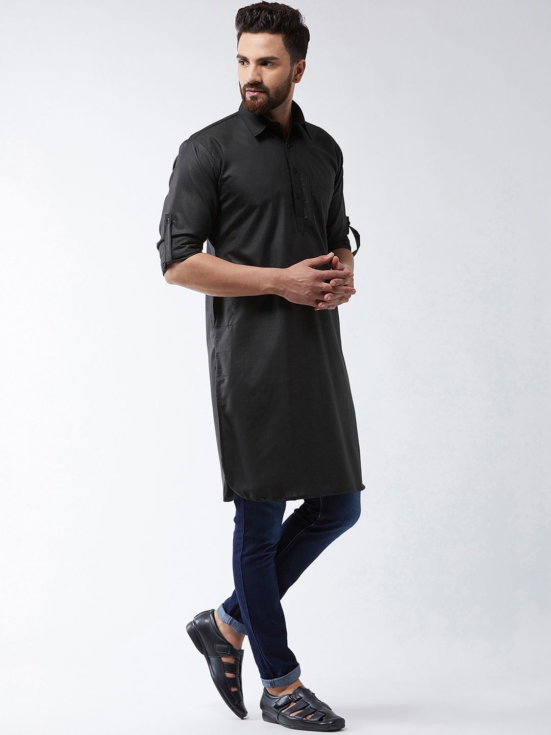 SOJANYA Lelaki Black Solid Pathani Kurta