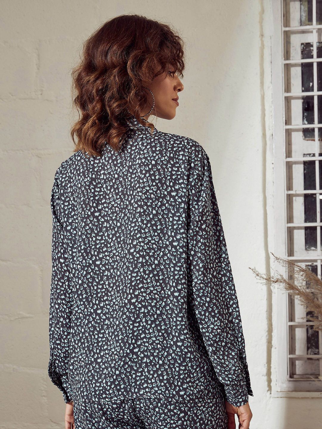 SASSAFRAS Charcoal Animal Printed Tie-Up Neck Shirt Style Top